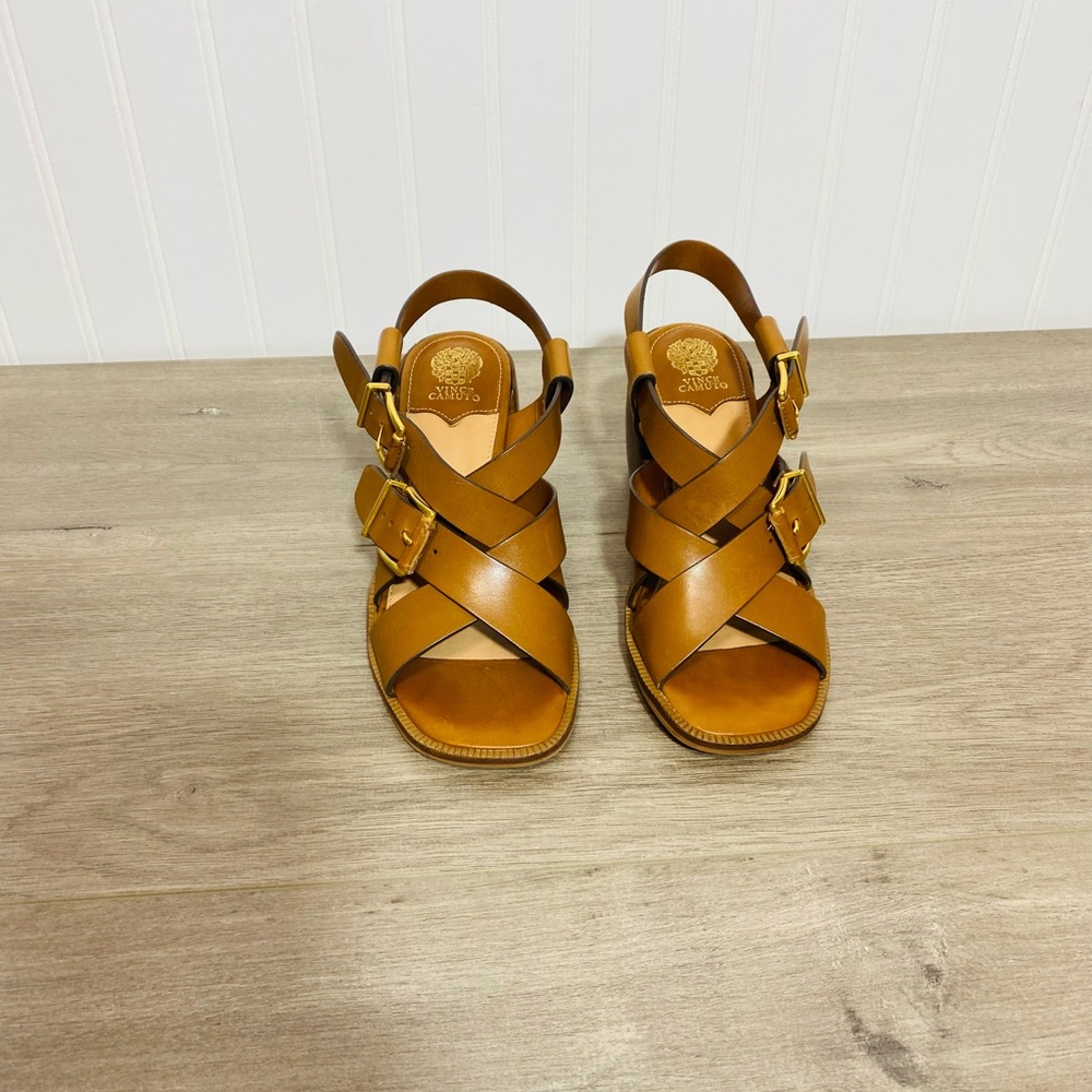 Used women Vince Camuto Penina Tailored Leather Heeled Sandal size 6.5 no box - Picture 2 of 9